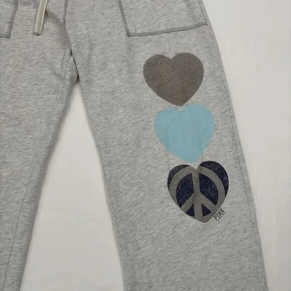 Vintage Victoria's Secret PINK Gray Wide Leg Heart and Peace Sign Sweatpants XS - Picture 4 of 12